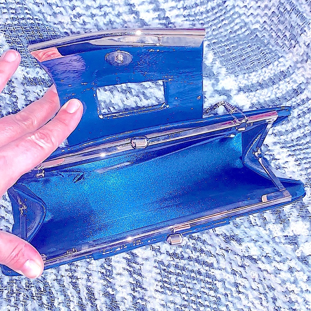 DiY Glam Clutch-Shoulder Handbag Navy Silver Fold Over Snap Closure+Silver Chain - Picture 9 of 16